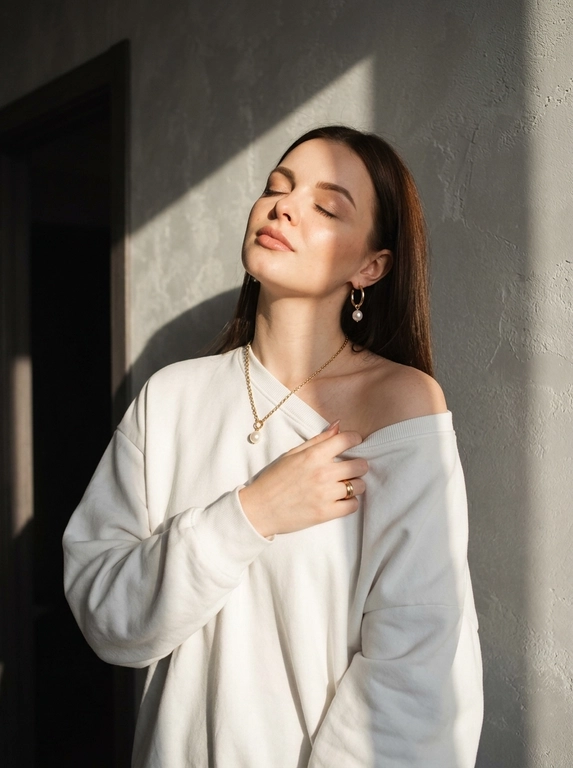 Используй загруженное фото для лица, строго не меняя черты лица, пропорции, возраст, текстуру кожи и волосы. Минималистичный портрет в интерьере с естественным светом, женщина стоит у серой текстурированной оштукатуренной стены, голова слегка запрокинута назад, глаза закрыты, лицо повернуто к источнику света, правая рука держит ткань толстовки у груди, левая рука расслабленно опущена вдоль тела. Оверсайз толстовка с капюшоном спущена с правого плеча, видны завязки, на шее тонкая золотая цепочка с кулоном с жемчужиной, золотые серьги среднего размера с жемчугом, золотое кольцо на пальце. Естественный макияж с деликатным скульптурированием, влажное свечение кожи, кожа ультрареалистичная без эффекта пластика и чрезмерной ретуши. Жёсткий направленный солнечный свет из окна создаёт резкие графичные тени на стене и лице, контрастное освещение, слева тёмный дверной проём добавляет глубину пространству. Съёмка на 50mm f/2.0, малая глубина резкости, естественный оконный свет, выраженные тени, цветовая гамма бежевый, золото, серый, баланс тёплых и холодных оттенков, minimalist editorial, фотореализм высокого качества.

Какой цвет толстовки?: Белая рубашка