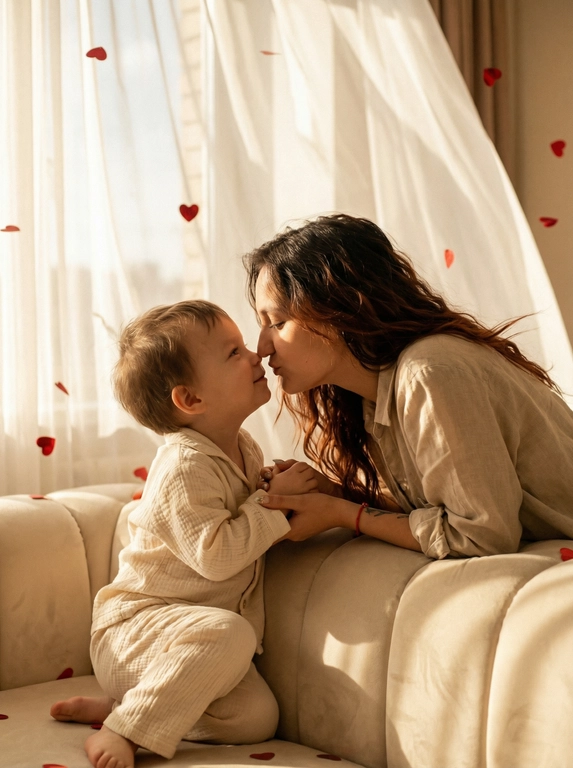   Photorealistic cinematic portrait photography, vertical 9:16, no AI flatness or plastic look. DO NOT CHANGE FACIAL FEATURES — keep and transfer the faces from the reference photo exactly. Close, intimate home scene of a mother and the child from the photo. The child sits on a modern cream velvet sofa, looking at the mother with a soft, loving smile. The woman leans toward the child, resting on her elbows, gently holding the child’s small hands and kissing the nose. Red heart-shaped confetti is scattered around and floating in the air. The child wears a muslin pajama set: a soft muslin shirt and matching loose pants in the same light cream tone. The mother wears a cream or beige linen shirt with rolled-up sleeves. Her hair is styled in loose beach waves and gently blown by a light natural breeze. Warm sunlight fills the scene with a golden haze. Sheer white curtains billow in the background, adding air and softness. Caramel-toned palette, cinematic depth, visible film grain, atmosphere of family warmth, tenderness, love, and calm morning intimacy.