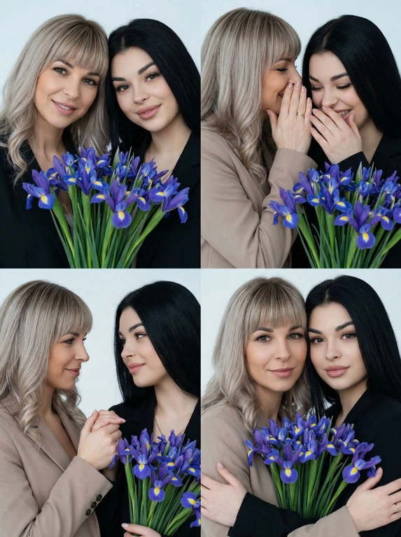 Фотореалистичный кинематографический коллаж в стиле фотобудки 2×2 из четырёх интимных портретов двух человек крупным планом, расположенных в бесшовной сетке 2×2, на каждом кадре показана разная поза и выражение лица.

Персонажи — это реальные люди с загруженной фотографии или фотографий. Использовать ТОЧНОЕ сходство лиц с реальными людьми с загруженного фото или фотографий:
узнаваемые черты лица, форма глаз, носа, губ, без изменения внешности, приоритет портретного сходства, с сохранением узнаваемости лиц, причёсок и пропорций.

Фотосессия к 8 марта. 
Создай трогательные кадры из профессиональной фотосессии в студии, где запечатлены моменты семейной близости двух людей. Сделай так, чтобы все они смотрелись гармонично и трогательно. Они одеты в дорогие костюмы. Освещение холодное. Фон светлый, бесшовный. Фото в стиле Энни Лейбовиц, четкий фокус. Они смотрят в камеру с мягкой улыбкой.

Какие будут цветы?:  У одного из персонажей в руках огромный букет ирисов.