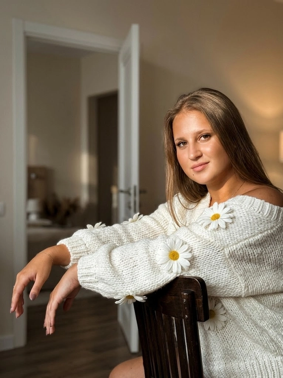 Создай крупный портрет, не меняя черты лица. Вид с боку. Фото в кинематографическом стиле с добавлением зерна, создающее атмосферу лёгкой загадочности. Модель облокотилась руками на деревянный стул, руки изящно вытянуты, кисти свободно свисают, поза расслабленная и элегантная, смотрит в камеру с лёгкой улыбкой. 
На модели свободный свитер спущенный с плеча, крупной вязки с объёмными белыми ромашками. Солнечный свет падает на лицо, подчёркивая черты и создавая мягкие тени, придавая кадру загадочный и элегантный вид. Вдалеке видно дверь в другую комнату, что добавляет глубину и расширяет пространство. Фон — светлая современная гостиная с мягким освещением, подчёркивающим лёгкость сцены и акцент на фигуре. Макияж безупречный, лицо остаётся естественным, без изменений черт, выражение спокойное и задумчивое, усиливающее интимность кадра. Кожа с лёгким загаром.
Снято на iPhone 17 Pro.

Какого цвета будет свитер: Свитер белый