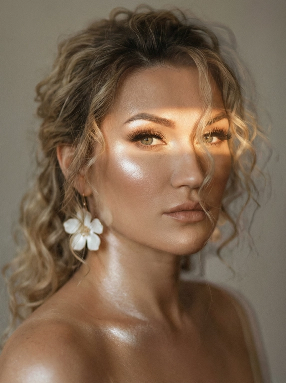 Кинематографический эффект с добавлением зерна. Ультрареалистичный, экстремально крупный портрет части лица девушки: на неё падает солнечный свет полосой, освещая глаза; её голова немного повёрнута в сторону. Тело подсвечено хайлайтером. Макияж лёгкий, с насыщенным хайлайтером; ресницы длинные, пышные. Она смотрит в камеру со спокойным, созерцательным выражением. Освещение мягкое, с лёгким акцентом на её лицо, создаёт нежные тени и подчёркивает черты. В ушах — серьги в виде белых цветов. Фон минималистичный и нейтральный, что усиливает спокойную и элегантную атмосферу. Фото смазанное, как будто сделано в движении, с двойной экспозицией.


Какая будет прическа?: Волосы уложены в локоны частично спадают на лицо.