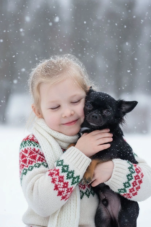 Соответствие лица: сохраняйте точные черты лица, структуру костей, разрез глаз, форму губ, текстуру кожи и оттенок по загруженной фотографии, максимально соответствует индивидуальности] -> Человек с мягкой улыбкой, полузакрытыми от счастья глазами -> нежно обнимает собаку, щека прижата к пушистой шее собаки, обе руки обвиты вокруг груди и шеи собаки, снежинки тают на шерсти и волосах., нежное, любящее выражение лица -> в кремово-белом толстом свитере скандинавской вязки с традиционным красно-зеленым рождественским рисунком на рукавах и воротнике,  в белом вязаном шарфе, свободно повязанном на шее -> на улице в сильный снегопад. В кадре видно морду собаки. Собака породы чихуахуа черный

