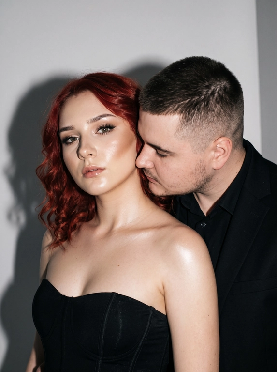 Не меняя черты лица, студийная fashion-съемка пары в минималистичном интерьере с серо-белым фоном, атмосфера гламура и интимной близости, ракурс — крупный портрет по грудь с легким поворотом корпуса, женщина на переднем плане, мужчина позади склоняется к её плечу, поза — она слегка отвернута от камеры с прямым взглядом, он касается лицом её шеи/плеча, одежда — на женщине черный корсет/бандо с открытыми плечами, на мужчине классический черный пиджак и рубашка, макияж — glam (ровный сияющий тон, сильный хайлайтер, четкий контуринг, стрелки, густые ресницы, глянцевые губы), свет — жесткая фронтальная вспышка + мягкий заполняющий свет, выраженные тени позади, эффект flash photography / editorial, холодно-нейтральная цветокоррекция с контрастом и глянцем кожи, высокая детализация, slight film grain, shallow depth of field, съемка на Canon EOS R / 50mm, f/2.0, direct flash, studio look.