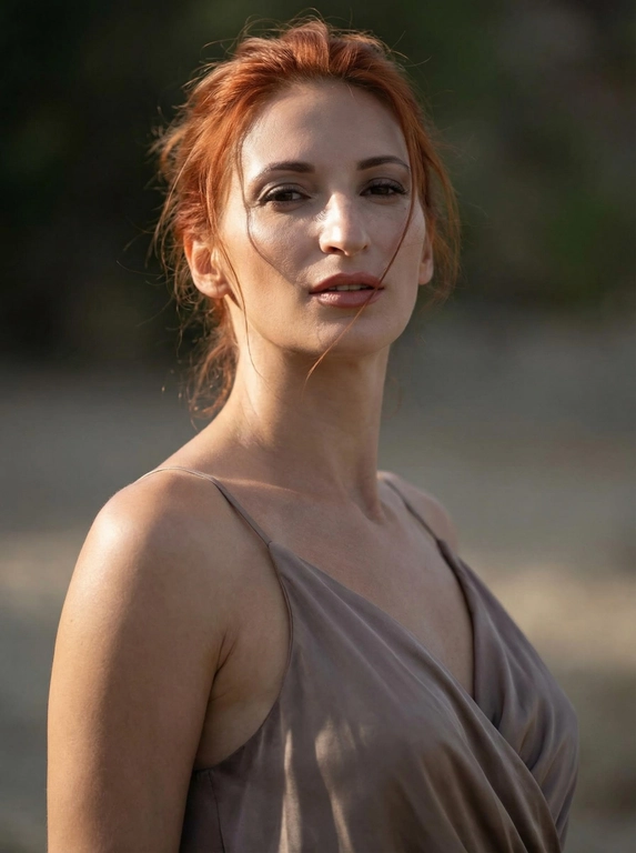   Кинематографичный гиперреалистичный крупный портрет, 8K, как Vogue-кадр. Лицо строго как у загруженного человека, без изменений, допускается только смена мимики и наклона головы. Модель стоит расслабленно, корпус чуть назад, подбородок приопущен, глаза мягко открыты, губы слегка приоткрыты — спокойная уверенность. На ней струящееся шёлковое платье холодного таупа на тонких бретельках, ткань мягко обтекает тело, в боковом солнечном свете видны живые складки и блеск шёлка. Волосы небрежно собранные, чуть взъерошенные, отдельные пряди детализированы, пряди частично падают к лицу, одна тонкая прядь пересекает щёку. Жёсткий свет сверху-сбоку, рембрандтовский рисунок: ярко освещённая ближняя сторона лица, скулы, нос, лоб; на дальней щеке световой треугольник. Глубокие тени под скулами и подбород...
