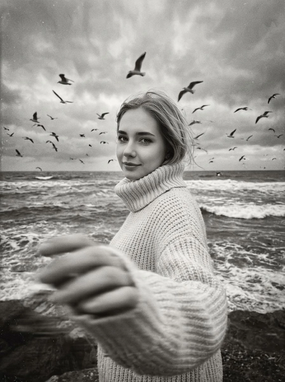 Создай портрет, не меняя черты лица. Черно-белая фотография в стиле ретро: человек стоит на морском побережье, в полупрофиль, смотрит нежно в камеру, легкая улыбка на лице, одет(а) в светлый оверсайз вязаный свитер с высоким воротником. На переднем плане — размытая рука в движении (motion blur), на заднем плане — море с волнами и стая птиц в небе, пасмурное небо. Сильная зернистость пленки, винтажная эстетика, атмосфера свободы, эффект размытия в движении, эстетика.