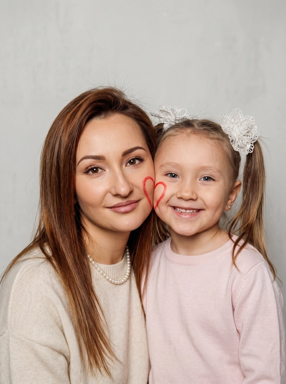 Не меняй внешность и черты лица «вертикальная фотография, мягкий студийный свет с эффектом вспышки, крупный план, умеренный контраст, лёгкая плёночная зернистость, винтажный документальный стиль.
Минималистичный светлый фон (чистая стена).
Родитель (слева) и ребёнок (справа), щёки соприкасаются. На щеке родителя — половина сердца, на щеке ребёнка — вторая, вместе образуют одно сердце.
Оба смотрят в камеру: у родителя спокойная тёплая улыбка, у ребёнка — спокойная тёплая улыбка.


Какая будет одежда?: Естественный внешний вид, уютная светлая повседневная одежда.