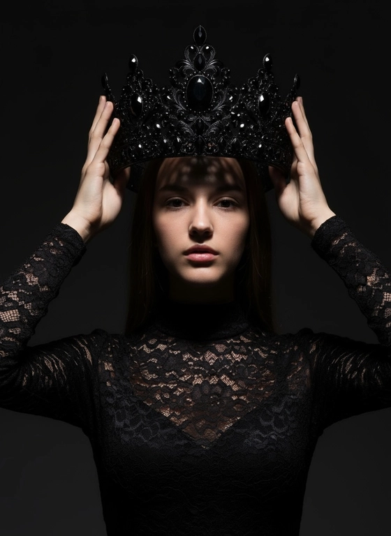 Модный портрет женщины крупным планом, стоящей прямо перед камерой, со слегка приподнятым подбородком. Она держит двумя руками почти над головой искусно выполненную корону с богатым филигранным орнаментом и крупными сверкающими драгоценными камнями. Корона находится в резком фокусе, отбрасывая тень на лицо. Освещение падает сверху, подчёркивая корону и создавая драматичный, контрастный эффект. Тёмная тень на лице усиливает ощущение таинственности и элегантности. Её платье – из тонкого чёрного кружева с высоким воротом. Фон темный, усиливая драматизм. Корона черного цвета с комнями, на черном фоне.