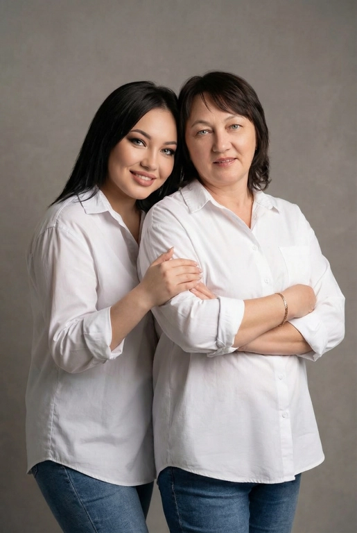 Используй эти два фото мамы и дочери и создай для них студийный портрет в чистом и элегантном стиле. Они стоят рядом, очень близко друг к другу. Дочь мягко обнимает маму за руку и слегка к ней прижимается со спины. Мама сложила руки перед грудью. Образ минималистичный, современный и стильный. На руке у матери тонкий золотой браслет. Профессиональный макияж и прическа.  Не менять черты лица ни на 1 процент. Фон — нейтральный серый с мягкой текстурой. Освещение рассеянное, мягкое, подчёркивающее естественные тона кожи. Атмосфера тёплая, нежная и спокойная, в стиле журнальной съёмки. Обе в свободных стильных белых рубашках с подвернутыми рукавами и джинсах.