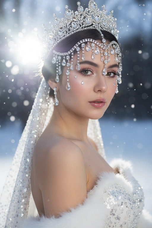 Черты лица и особенности внешности девушки должны быть точно воспроизведены с референсной фотографии. Создайте реалистичный портрет крупным планом (поза через плечо) в сверхвысоком студийном фото. Портрет женщины с аккуратными волосами и укладкой.  

**Наряд/Реквизит:** Сложнейший, тяжелый серебряный головной убор/корона со стразами, с крупными свисающими кристаллическими каплями, покрывающими лоб и виски, и подходящая, густо расшитая пайетками или стразами белая свадебная фата, закрепленная на ниже затылка. На ней белое платье без бретелек из такой же ткани, густо расшитое пайетками или стразами. По краю платья есть белая меховая окантовка. Открытые плечи, что предполагает платье без бретелек.

**Макияж:** Сияющая, чистая и увлажненная кожа. Нежные розовые тени для век, выразительные ресницы, лёгкий белый блик во внутренних уголках глаз и под ними, а также глянцевые, нежно-розовые губы. Два маленьких, светоотражающих каплевидных страза или блестящих элемента под внешним уголком каждого глаза.

Поза:** Взгляд через правое плечо в камеру мягким, но при этом пристальным и соблазнительным взглядом. Её обнажённые плечи и профиль замысловатого головного убора выделяются.

**Освещение:** Резкий, драматичный, контрастный свет сбоку/сзади (контурный свет), создающий яркий, интенсивный блик (блик объектива/эффект мерцания), который подчёркивает блеск и сверкание стразов и пайеток на слегка затенённом лице. 

**Фон:**
Зимний размытый фон со снежинками. **Камера:**
Снято на высококлассную среднеформатную камеру
(например, Hasselblad X2D 100C или Fujifilm GFX
100S) с макрообъективом 120 мм f/4, что обеспечивает исключительную четкость каждого страз, пайеток и текстуры кожи, широкий динамический диапазон и блестящий, модный редакционный результат. 

**Эффект:**
Подчеркивает исключительную роскошь, неземную красоту, резкий контраст и сверхдетализированный блеск.