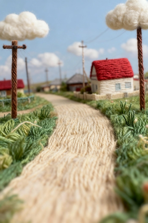 Используя загруженное изображение в качестве основы, создайте произведение искусства из ниток своими руками — диораму из пряжи и фетра. Макросъёмка, мягкий рассеянный свет, пастельная палитра, высокая детализация волокон и стежков, уютная, сказочная атмосфера и слегка уменьшенный масштаб, как в диораме. Если на фото изображены люди - изобрази их в стиле вязаных человечков с глазами-пуговицами.