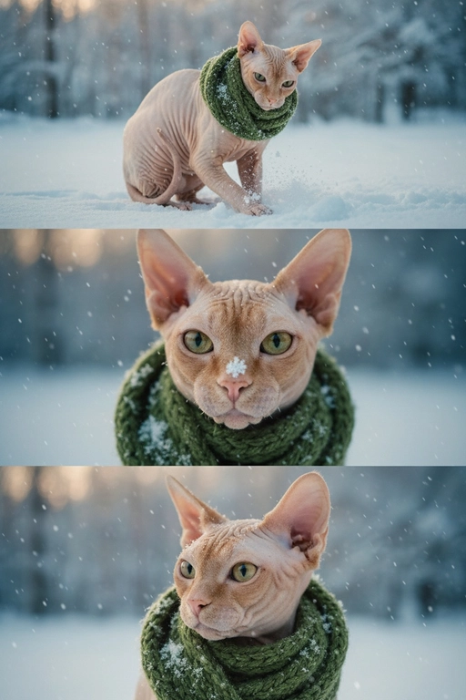     Коллаж из 3-Х фото моего питомца на зимнем фоне в снегу. Питомец в вязаном шарфе, вокруг падает снег, на заднем плане заснеженный лес.

Первый кадр — питомец в полный рост. Он играется со снегом 

Второй кадр — крупный план, увеличенный кадр мордочки питомца с одной снежинкой на носике. Мордочка питомца занимает весь кадр, взгляд прямо в камеру 
 
Третий кадр - портрет питомца, он смотрит в левую сторону. На фото виден шарф, на шарфу есть снежинки 

Три кадра объединены в вертикальный коллаж в едином тоне и свете. Атмосфера — реалистичная, теплая и немного кинематографичная.
Свет мягкий, утренний.  Цвет шарфа - зелёный 