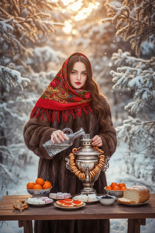  Создай насыщенный, атмосферный, зимний портрет на улице. Я нахожусь в заснеженном лесу, окруженном елями, и стою за столом, накрытым для традиционного чаепития. На мне надета большая, пушистая, роскошная, дорогая, шуба из натурального баргузинского соболя, яркий русский платок (павлопосадский платок) красного цвета, повязанный на голову, с акцентом на красной помаде. Я смотрю в камеру .На столе стоит старинный серебряный самовар, украшенный связками золотистых баранок, а также миски с мандаринами, русскими сладостями, бутерброды с красной икрой, черная икра в маленькой миске, нарезанный батон.
Зимний лес, всё покрыто инеем и мягким снегом. Качество: реалистичная фотография, кинематографический свет, мягкое боке, теплый тон, детальная проработка меха и узоров на платке.
  Правой рукой я наливаю прозрачную жидкость из большой хрустальной бутылки в маленький стеклянный бокал. 