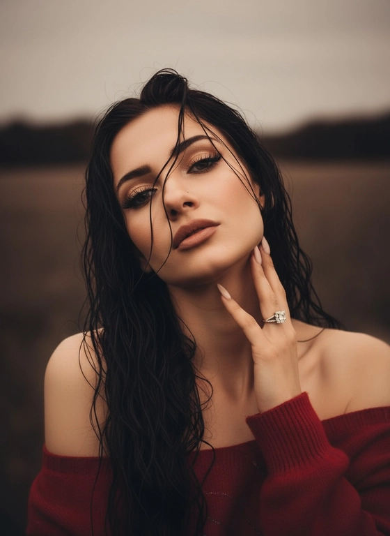 Создайте портрет женщины с длинными, волнистыми, влажными волосами, свободно ниспадающими на плечи, некоторые пряди прилипают к лицу. Она чувственно смотрит в камеру, слегка откинув голову назад, словно наслаждаясь мгновением покоя или чувственности. Её рука нежно лежит на шее, на пальце – эффектное сверкающее кольцо. Плечи опущены. Тёмный, почти однотонный и размытый фон подчёркивает силуэт и лицо женщины. Весь образ мастерски передан с помощью размытия в движении и световых бликов, которые создают ощущение естественного, сказочного движения головы и руки. Мягкие, тёплые тона, лёгкое свечение кожи и губ создают интимную, чувственную и таинственную атмосферу. Эффекты: размытие в движении, художественная длительная выдержка, тёплые тона, атмосфера сновидения. Макияж выразительный: длинные чёрные ресницы, бежевые тени с лёгким мерцанием, выразительные контуры и румяна, безупречная кожа и пухлые губы с нюдовым блеском и тёмно-коричневым карандашом для губ. Ухоженные брови с эффектом Bravenlifting. Длинные, заостренные ногти. Реалистичное фото, как будто снято на профессиональную камеру. Сохраните черты лица такими, какие они есть.