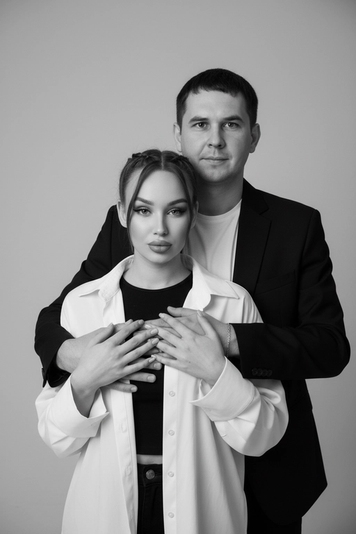 Черно-белый портрет мужчины и женщины в стиле фэшн фотосессии в фотостудии. Не изменяйте лица. Фон нейтральный, однотонный, светло-серый. Атмосфера интимная и спокойная. На переднем плане женщина. Вся композиция выполнена в приглушенной монохромной гамме со студийным освещением, которое подчеркивает текстуру кожи и одежды. Её руки лежат на груди мужчины. Мужчина обнимает женщину сзади, положив свою руку поверх её руки. Она одета в черный топ, белую оверсайз рубашку. Мужчина одет в  классическом черном пиджаке и белой футболке. Не меняя черты лица! Не трогать лицо 