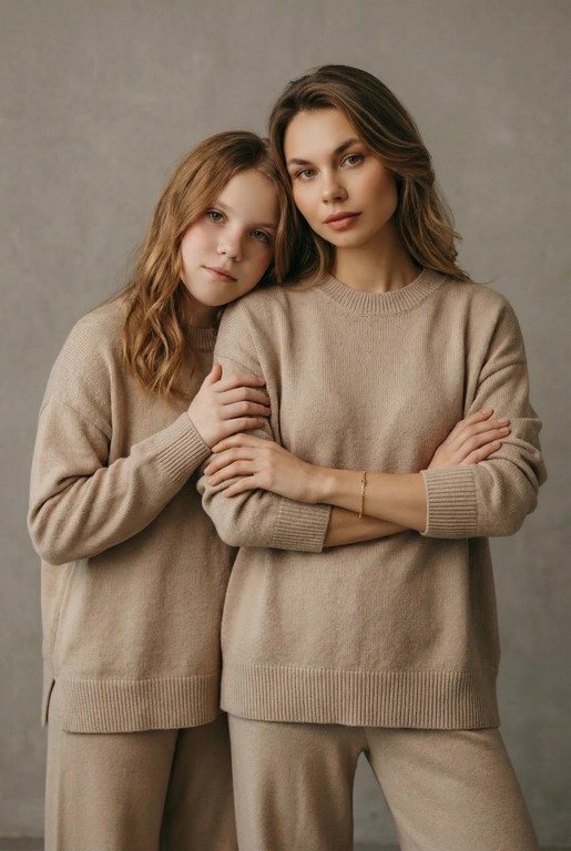 Используй эти два фото мамы и дочери и создай для них студийный портрет в чистом и элегантном стиле. Они стоят рядом, очень близко друг к другу. Дочь мягко обнимает маму за руку и слегка к ней прижимается со спины. Мама сложила руки перед грудью. Образ минималистичный, современный и стильный. На руке у матери тонкий золотой браслет. Профессиональный макияж и прическа.  Не менять черты лица ни на 1 процент. Фон — нейтральный серый с мягкой текстурой. Освещение рассеянное, мягкое, подчёркивающее естественные тона кожи. Атмосфера тёплая, нежная и спокойная, в стиле журнальной съёмки. Обе в свободных стильных бежевых свитерах и брюках.