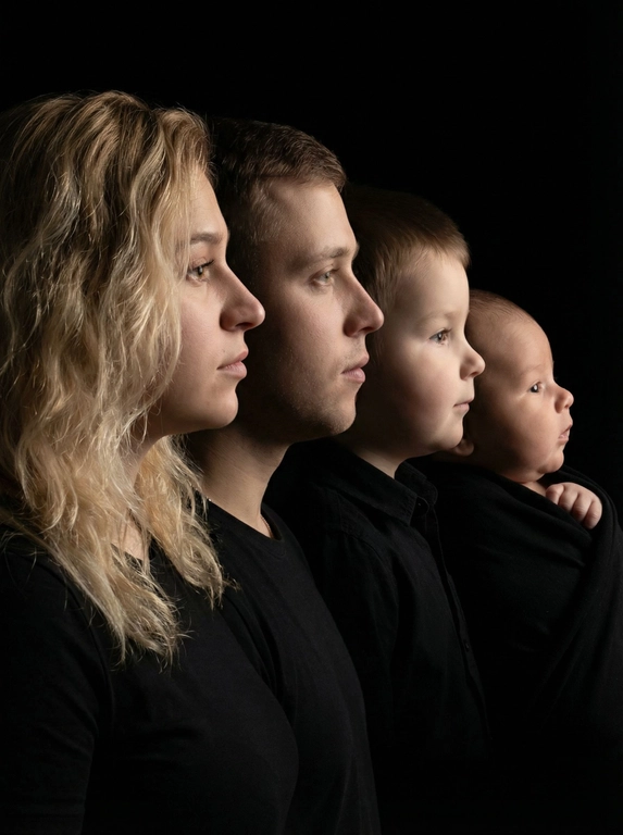 Профессиональный студийный портрет с низким контрастным светом. Головы расположены строго в одну линию. боковой профиль, взгляд влево. У всех видны только головы и немного плечи. Головы занимают весь кадр. Черный фон. Черная одежда у всех. Расположи их по убыванию возраста.