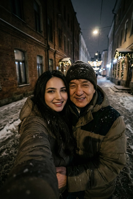 Спонтанное POV селфи людей на переднюю камеру iphone с близкого расстояния, глядя прямо в камеру. Сам телефон не виден. Ночь, зима, переулок в Москве. Фото темное, смазанное и реалистичное. Селфи с Джеки Чаном