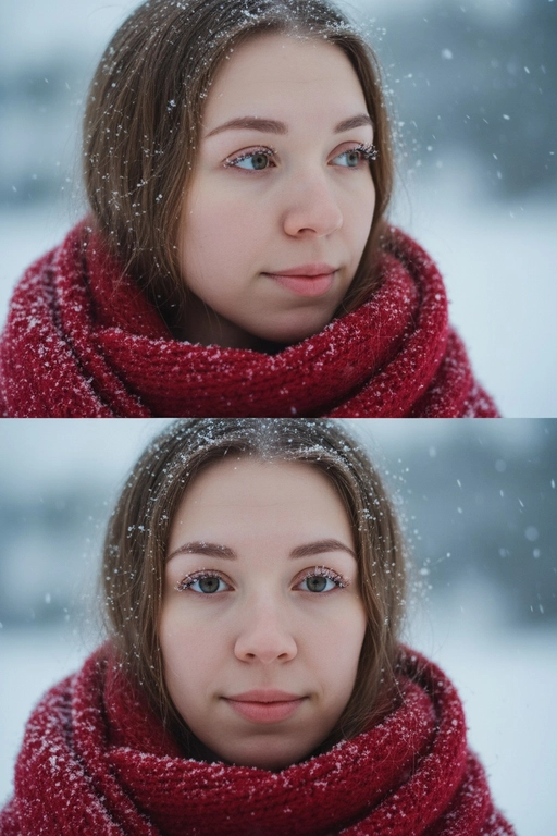 Создай коллаж из двух кадров человека, снятых крупным планом на улице зимой. Камера расположена близко, чтобы в кадре были видны лицо, шея и часть одежды. Главный акцент — на лице, глазах и снежинках, которые легли на волосы и ресницы.

Освещение мягкое, естественное, как в пасмурный зимний день. Вокруг падает лёгкий снег, отдельные снежинки чётко видны в воздухе и на коже. Фон — мягко размытый, с холодными оттенками (бело-голубой, серо-синий).

Первый кадр — человек смотрит в сторону, выражение мягкое, задумчивое, естественное. Крупный план лица, видно часть красного шарфа.
Второй кадр — прямой взгляд в камеру, нейтральное или лёгкое выражение лица, ресницы в снегу. Крупный план лица, видно часть красного шарфа.

Кожа чистая и естественная, без ретуши, текстура лица и губ сохранена. Фото выглядят как профессиональная зимняя портретная съёмка крупным планом, с эффектом свежести и спокойствия.

Оба кадра объединены в вертикальный коллаж в едином тоне и свете. Атмосфера — реалистичная, теплая и немного кинематографичная.