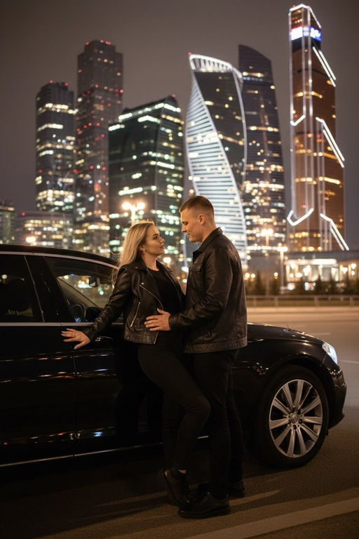 Используй предоставленные изображения и создай фото женщины и мужчины, в романтическом стиле, женщина облокотилась спиной на автомобиль, слегка откинувшись назад. ее слегка взъерошенные волосы мягко развеваются на ветру. Лицом к ней прижавшись стоит мужчина выше нее и одной рукой обнимает её за талию, а другой рукой опирается на машину. Влюбленно смотрит на женщину. На заднем плане изображена Москва-Сити, сияющая теплыми золотистыми огнями ночного города. Улица залита мягким городским светом, создающим гламурную и кинематографическую атмосферу. Поза женщины уверенная и в то же время игривая, и основное внимание уделяется взаимодействию между ней мужчиной. Освещение должно подчеркивать их силуэты, а отражения окружающих огней на стекле автомобиля должны создавать элегантную атмосферу. У обоих черная одежда черные куртки джинсы .