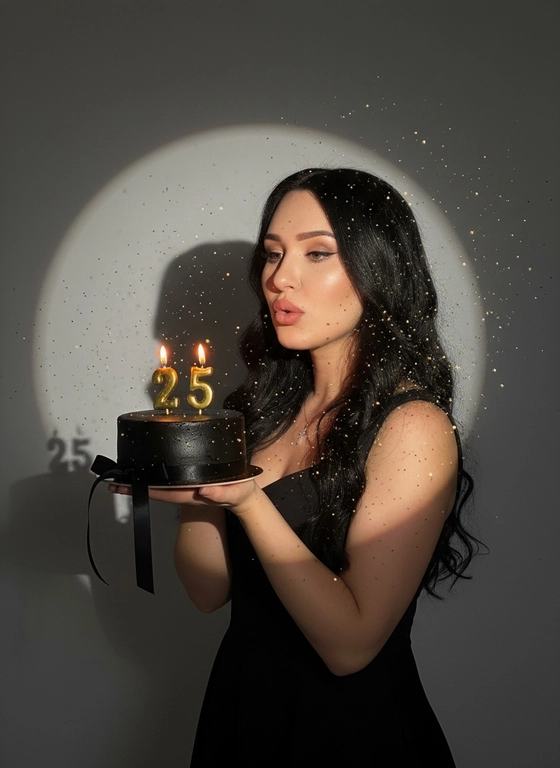 Фотореалистичный портрет женщины с точно таким же лицом, чертами, выражением и цветом волос, как на исходной фотографии - ничего не изменять. Атмосфера - день рождения: мягкий блеск свечи отражается на её лице, в воздухе лёгкие золотистые блёстки, создающие праздничное сияние. Фон темно-серый. Освещение студийное, контрастное, с кругом света на фоне, создающим выразительную тень. Волосы - волнистые, мягко подсвечены. Она немного стоит полубоком. Женщина держит в руках маленький праздничный торт, украшенным чёрными лентами и изящной цифрой из золотых свечей; Она сдувает свечу. Она одета в черное платье без рукавов. Свечки в виде цифр 25.