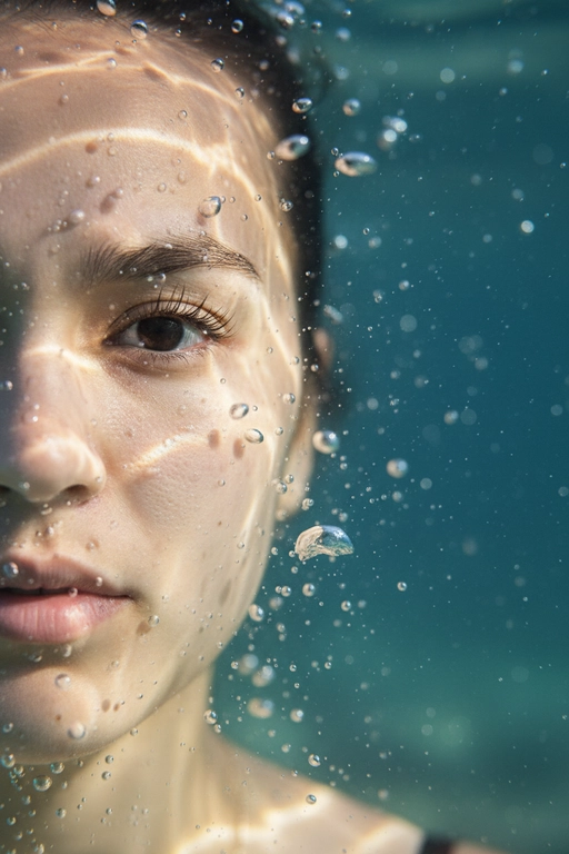 Гиперреалистичный, сверхдетализированный
макропортрет, на котором запечатлена только левая половина человеческого лица, погруженного под воду. Один глаз находится в резком фокусе у крайнего левого края кадра. Лучи света создают динамичные блики на коже, подчеркивая поры, влажные губы, ресницы и тонкие текстуры, создавая эффект реалистичного рассеивания под поверхностью. Капли и пузырьки воздуха придают глубину и подвижность.
Кинематографическое подводное освещение с мягкими тенями и четкими бликами усиливает сюрреалистическую, сказочную атмосферу.
Чрезвычайно малая глубина резкости, фотореалистичный рендеринг. Не меняй внешность, полностью сохрани черты лица.