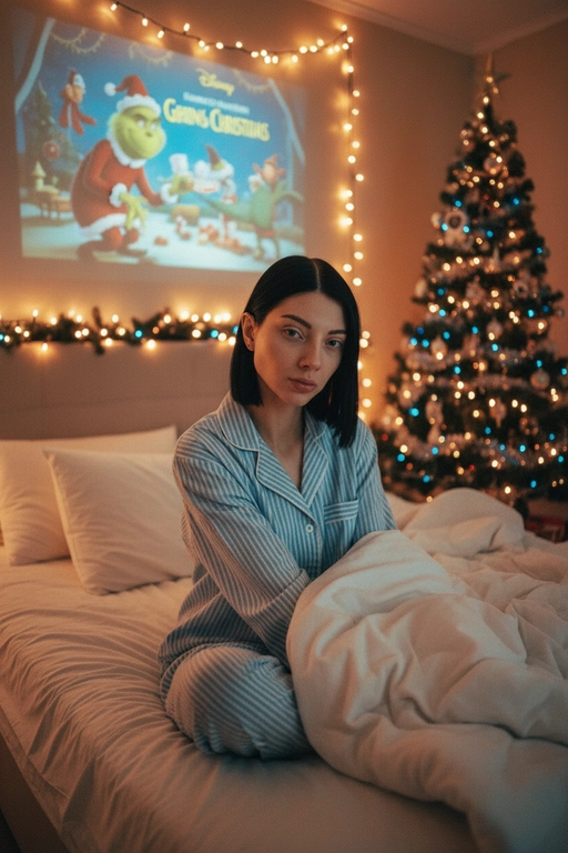 Атмосферный портрет человека, сидящий на кровати в уютной комнате. Не меняй черты лица ни на 1%. Человек смотрит в камеру. На человеке хлопковая голубая пижама в белую полоску. 
Теплое освещение от мерцающих гирлянд и рождественской ёлки. На заднем плане - проекция с фильмом или мультфильмом создающая нотку ностальгии.
Кинематографичный кадр, малая глубина резкости, волшебная и уютная атмосфера. Фото в стиле 90-х, ретро -фильтр. Зернистость Мультфильм - Disney "Гринч новогодний".