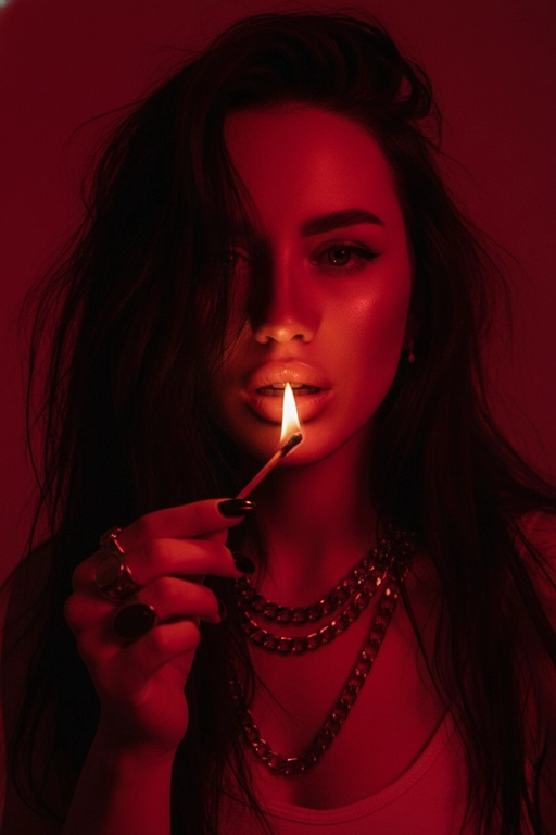 Используйте черты лица, как на прилагаемой фотографии.
смелый, кинематографичный портрет женщины, залитой темно-красным светом, которая подносит к губам зажженную спичку. Теплый отблеск пламени подчеркивает ее блестящие губы и создает эффектный отблеск на коже.
ее выражение ее лица напряженное и пленительное, обрамленное взъерошенными волосами, которые свободно ниспадают на лицо. На ней светлая рубашка и многослойные украшения, в том числе металлическая цепочка и крупные кольца. На ее длинных черных ногтях отражаются едва заметные блики света, усиливая мрачную, чувственную атмосферу. Красный фон и сдержанные тени придают глубину и визуальное напряжение, создавая эффектный образ в редакционном стиле.

Настройки камеры: iso 400, диафрагма f/2.0, выдержка затвора 1/160 сек, объектив 85 мм, ручная фокусировка, баланс белого 2800k, коррекция экспозиции -0,3 ev, подсветка одиночным пламенем с красной заливкой, минимальная зернистость, кинематографическое высококонтрастное освещение с плавными тональными переходами.