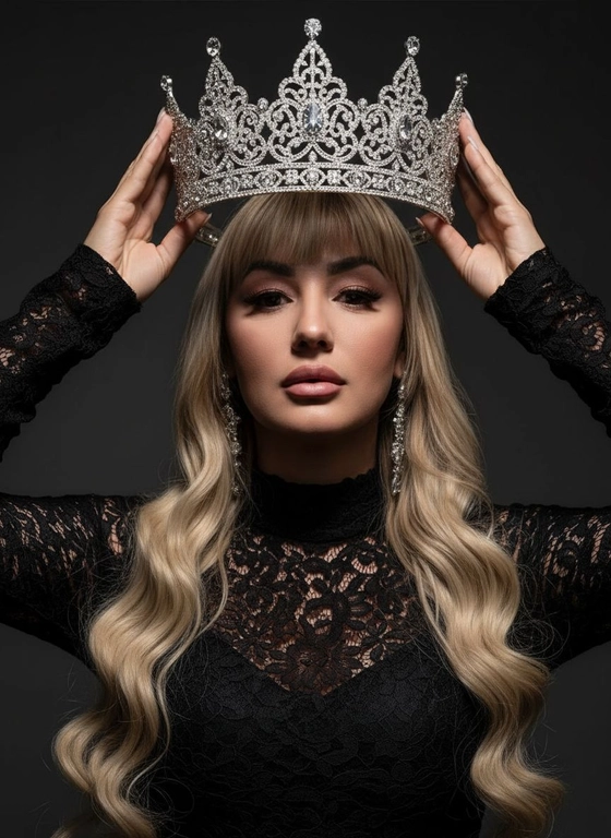 Модный портрет женщины крупным планом, стоящей прямо перед камерой, со слегка приподнятым подбородком. Она держит двумя руками почти над головой искусно выполненную корону с богатым филигранным орнаментом и крупными сверкающими драгоценными камнями. Корона находится в резком фокусе, отбрасывая тень на лицо. Освещение падает сверху, подчёркивая корону и создавая драматичный, контрастный эффект. Тёмная тень на лице усиливает ощущение таинственности и элегантности. Её платье – из тонкого чёрного кружева с высоким воротом. Фон темный, усиливая драматизм. Корона цвета белого золота.