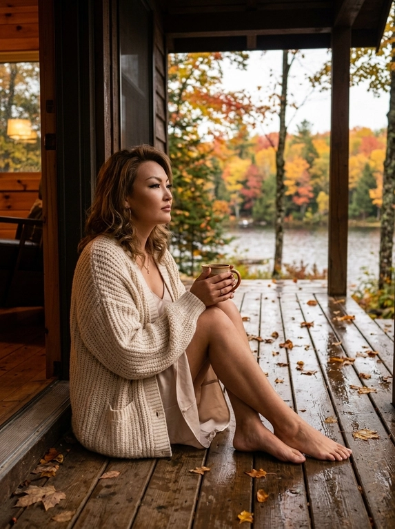 A cozy cinematic photo of a woman sitting on the wooden porch of a rustic lakeside cabin in autumn. She is wearing a cozy oversized knitted cardigan over a light slip dress, holding a warm ceramic mug with both hands. Barefoot, sitting with legs curled up slightly, looking away thoughtfully towards the scenic view of a lake and autumn forest with fallen leaves scattered on the wet wooden floorboards. Soft warm interior lighting blending with overcast daylight, rich warm brown and orange color tones, moody, peaceful, highly detailed, photorealistic.