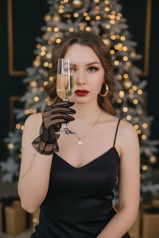 Гиперреалистичный студийный портрет женщины в новогоднем luxury-стиле. Кадр по грудь. Женщина держит узкий бокал с шампанским строго напротив одного глаза (правого или левого), так что стекло полностью перекрывает один глаз, второй глаз открыт и чётко смотрит прямо в камеру. Бокал смещён в сторону от центра лица, не по центру. Через бокал видны пузырьки шампанского. Композиция асимметричная, акцент на контраст между открытым глазом и глазом за стеклом. Взгляд в камеру сквозь бокал шампанского. 

Макияж: идеально выровненный тон кожи, чёткие брови, мягкие золотисто-коричневые тени, чёрные стрелки, яркая матовая красная помада. На ушах крупные золотые серьги-кольца, на шее золотая тонкая целочка с круглым кулоном. 

Одежда: чёрное минималистичное платье на тонких бретелях, прямой вырез. На руке короткая прозрачная чёрная сетчатая перчатка, с рюшами на запястье. Поза прямая, уверенная, взгляд холодный, статный, строго в камеру.

Фон: тёмный студийный фон, за спиной размытая новогодняя ёлка с крупными тёплыми золотыми огоньками боке. Атмосфера роскоши, вечеринка, шампанское, вечер.

Освещение: мягкий ключевой свет спереди, подчёркнутые блики на стекле бокала, губах и коже, лёгкий контровой свет по краю плеч и головы. Глубина резкости малая, фон сильно размыт.

Стиль: high fashion beauty portrait, luxury editorial, cinematic lighting, ultra realistic, sharp focus on open eye and glass, 8k, magazine cover quality.