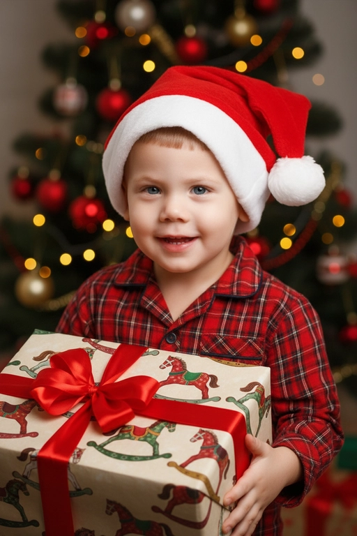 Используйте отправленную мной фотографию в качестве референса. Камера снимается немного выше уровня глаз, глядя прямо на модель, охватывая от середины груди и выше.  На изображении человек держит подарочную коробку  (размер 50х500х50 сантиметров) с крышкой, перевязанную красной лентой. На коробке нарисованные игрушечные лошадки. На фоне размытая рождественская или новогодняя елка. Лицо в три четверти (3/4), Модель в красной пижамной рубашке в клетку. Смотрит в камеру с легкой улыбкой, как будто предвкушая открыть свой подарок. 

Освещение выполнено по принципу софтбокса, но с более сильным, концентрированным основным светом для создания интенсивного свечения, сохраняя при этом мягкие тени, которые подчёркивают черты лица человека. 
Гиперреалистичная детализация, передающая каждый нюанс красоты, выражения лица и сложную текстуру волос, кожи и одежды. Атмосфера новогоднего праздника.  На голове у ребенка рождественский красный колпак с белым помпоном на конце, колпак надет почти на макушке, видны передние волосы  