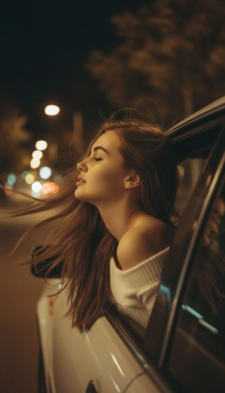 Создайте фото, где я высунула голову из окна машины в тёмную, мечтательную, размытую, винтажную ветреную ночь, в белом трикотажном топе с открытыми плечами. ракурс боковой. Голова чутка откинута назад. Машина в движении.  Выражение лица мечтательное, губы немного приоткрыты. Волосы развеваются в движении. Сохраните детали лица в точности. Пожалуйста, не изменяйте черты лица и оставь таким, какое оно есть.