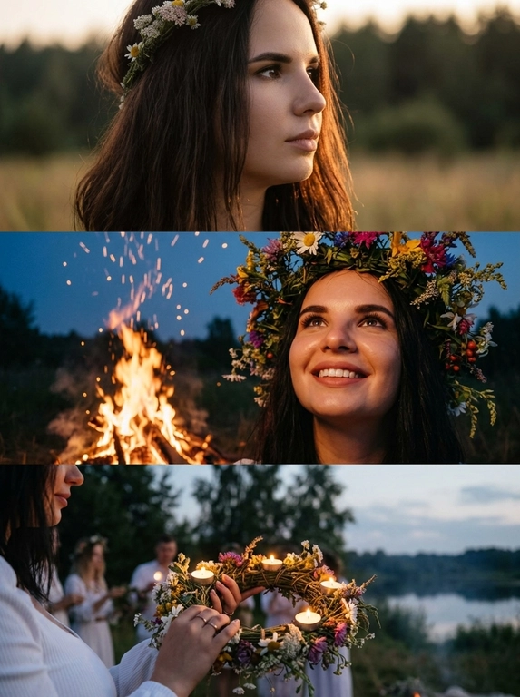 Create a photo triptych consisting of three separate panels.
Top panel: A close-up of a woman's face in semi-profile, with a soft background and texture. Her gaze is directed to the right, creating a thoughtful atmosphere. Her hair is carefully arranged, creating a sunny appearance. A wreath of delicate flowers is encircled within the composition. The lighting is warm and soft, creating a cozy atmosphere. The background is slightly blurred, adding mystery and complexity to the image.
Middle panel: A close-up of the woman's face, looking upward, with lighting that adds texture to her skin. The woman looks directly at the viewer, smiling sincerely and with an open expression. The wreath of flowers appears vibrant and unusual, creating a festive atmosphere. In the foreground, a bonfire sways realistically, sparks rising into the air, adding dynamism. The colors are balanced and rich, creating a unique impression. In this way, I convey the charge of a ritual, immersing the viewer in an atmosphere of magic.
Bottom panel: A close-up of a girl's hands holding a wreath of flowers and candles. The candles glow softly, creating a romantic atmosphere. The twilight is beautifully depicted, with a subtle glow that creates detail. The shot is taken from an interesting angle, allowing you to see some of the girls and the surrounding nature. The lighting is natural, with a slight haze adding a sense of mystery and romance.
Overall: The mood is natural, warm, and magical. All the elements harmonize to create a vibrant atmosphere. The use of soft lighting and attention to detail make the image expressive and memorable