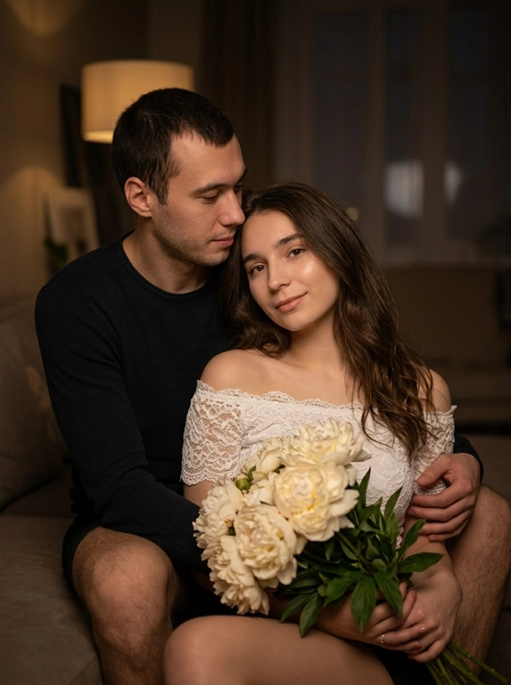 Интимный портрет по пояс. Мужчина сидит, женщина расположилась между его колен, он обнимает её за талию. Она держит букет кремовых пионов, поставленный рядом на полу. Одежда: на женщине белый кружевной топ с открытыми плечами, на мужчине тонкий трикотажный лонгслив. Макияж женщины лёгкий, с мягким сиянием кожи, губы натуральные. Волосы распущены  , чуть растрёпанны, струятся по плечам. Свет приглушённый, тёплый, фон тёмный и размытый. Настроение — доверие, близость, вечер дома.