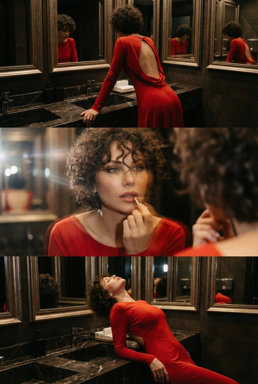 Создай не меняя черты лица. Экстремально реалистичный кинематографичный триптих, как живая серия фотографий из Instagram, снятая в зеркальном туалете дорогого ресторана. Вечер, интимная атмосфера, отражения в зеркалах, приглушённый свет, ощущение роскоши и ускользающего момента. Весь триптих объединён одним образом и единым настроением, с лёгким зерном, как будто кадры сняты в движении, естественно. В верхней части женщина стоит спиной облокотившись на раковину рукой, лицо в тени спина освещена, в отражениях зеркал видна её фигура, на ней одно и то же красное платье с открытой спиной, ткань струится и выглядит дорого, чувственно. Свет мягко скользит по плечам и линии спины, создавая глубокие тени и драматичный силуэт. В средней части экстремально близкий ракурс лица через зеркало, женщина смотрит на своё отражение и поправляет помаду, жест живой и естественный. Лицо частично в фокусе, частично слегка размыто, ощущение движения и дыхания кадра. Пышные ресницы, выразительный взгляд, блики света в зеркале, локоны из пучка падают на лицо, добавляя интимности. В нижней части девушка запрокинула голову и облокотилась о раковину, глаза закрыты, поза расслабленная, уязвимая, словно она на секунду выпала из шумного вечера. Платье то же самое, красное, ткань ловит приглушённый свет, усиливая глубину цвета и теней. Во всех кадрах приглушённое освещение, cinematic lighting, мягкие тени, отражения зеркал, лёгкое зерно и небольшой motion blur без резкой чёткости и глянца. Цвета глубокие, насыщенные, но сдержанные. Общий стиль ультрареализм, кинематографическая эстетика, эффект настоящего Instagram-триптиха, ощущение пойманного момента, живо, чувственно и очень реалистично, как кадры из личного архива.
Не меняй черты лица. Не изменять прическу с исходного фото.
Платье с длинными рукавами
