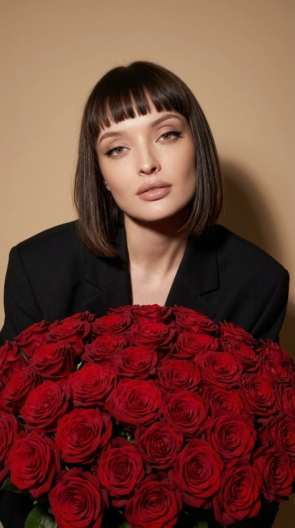 Ультрареалистичный fashion-портрет в эстетике luxury editorial. Крупный план по пояс. Женщина слегка наклоняется над огромным роскошным букетом, который полностью заполняет передний план кадра. Она смотрит прямо в камеру с мягким, уверенным взглядом.
На женщине чёрный оверсайз-пиджак премиального кроя с чёткой линией плеч. 
Макияж luxury soft glam: длинные густые ресницы с лисьим эффектом, чёрные графичные стрелки, ламинированные брови, лёгкий контуринг, персиковые румяна, золотистый хайлайтер, губы с чётким нюдово-коричневым контуром и глянцевым блеском.
Фон минималистичный, нейтральный, тёплых бежево-серых оттенков, без лишних деталей. Освещение — мягкий студийный свет в сочетании с прямой вспышкой камеры, создающий выразительный контраст, естественные блики на коже, лепестках роз и ткани пиджака. Глубокие, но мягкие тени подчёркивают объём и атмосферу дорогой журнальной съёмки.
Максимальная детализация: текстура кожи с видимыми порами, отдельные пряди волос, бархатистые лепестки, фактура ткани пиджака. Живой RAW-эффект, лёгкое плёночное зерно, без ретуши, без пластиковой кожи, без AI-эффекта.
Ultra realistic RAW photo, high fashion editorial, luxury portrait, oversized bouquet of deep red roses, black oversized blazer, direct flash photography, cinematic contrast, authentic skin texture, visible pores, realistic hair strands, premium magazine aesthetic, 8K, sharp focus, no beauty filter, no plastic skin, no AI artifacts.

Какие будут цветы?: Букет из сотен тёмно-красных роз

Какая будет прическа?: Моя прическа
