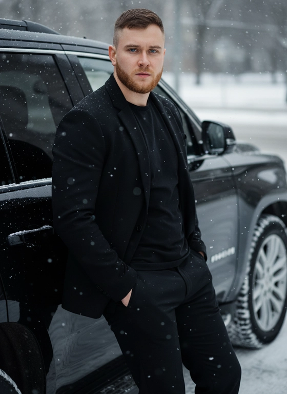 Создайте гиперреалистичное близкий портрет мужчины, облокотившегося спиной о чёрный дорогой внедорожник в зимнюю погоду. Он смотрит в камеру Его руки в карманах
Мужчина одет в стильный чёрный комплект, который сочетает элементы спортивного и классического стиля: чёрная куртка с минималистичным дизайном, слегка обтягивающая фигуру, и брюки, которые идеально сидят по фигуре, с утонченным, слегка спортивным кроем. Внутри куртки видна черная  футболка
Его лицо серьёзное, с лёгким акцентом на силуэт и выражение уверенности. Освещение холодное и мягкое, с небольшими снежинками, которые едва видны в воздухе, создавая атмосферу зимней свежести. Формат 9:16

