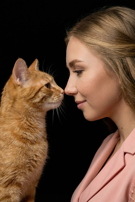 Сделай фото со мной и моим питомцем. Реалистичное фото, с высокой детализацией. Снимок меня и моего питомца в профиль. Фото сделано первым средним планом (Medium CloseUP), в кадре видно часть туловища (с головы до середины груди).
Я стою лицом к своему питомцу в строгий профиль, смотрю прямо на него.
Мой питомец расположен прямо напротив моего лица, также в профиль, смотрит прямо на меня. Наши носы почти соприкасаются. Наши головы могут быть наклонены: например, моя голова наклонена немного вниз, а голова питомца наоборот повыше. Четкая визуальная симметрия между моем лицом и головой моего питомца.
Студийное освещение, мягкий свет, создающий контрастность и скульптурные тени, на самом лице минимум тени. 
 У меня легкая улыбка, питомец смотрит с дружелюбным настроем. Фон черный. 