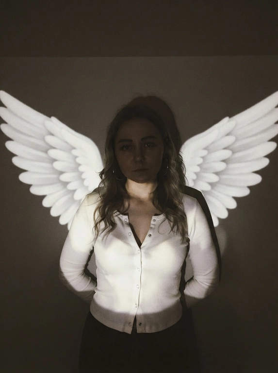 A raw vintage low-light photograph taken in a dark room with a projector. Medium shot, framed from the hips to slightly above the head. Camera directly in front of the woman at approximately chest level, almost straight-on. She stands centered very close to a plain wall.

POSE: her torso faces directly toward the camera. BOTH ARMS are completely placed behind her back, with neither hand visible. Her shoulders are gently pulled backward because of the position of her arms, while her upper body leans very slightly toward the camera. Head subtly tilted to one side and lowered, direct calm gaze into the lens.

She wears a fitted white ribbed LONG-SLEEVE button-front top. The fabric closely follows the body. Several buttons at the upper chest are casually left undone, creating a narrow deep V opening; the lowest buttons near the waist are also slightly undone, while the middle section remains buttoned. Long fitted sleeves extend fully to the wrists. Large thin hoop earrings.

A projector casts a flat image of enormous white angel wings onto the wall behind her. The wings spread horizontally from behind both shoulders almost to the edges of the frame. They are projected light, NOT physical wings. Large rounded individual feathers are clearly visible.

The projector simultaneously creates uneven patches of bright white light across the long-sleeve top, while the face, neck and upper chest remain partially covered by deep irregular shadows. A large dark silhouette of her head appears on the wall.

Very dim exposure, warm gray-brown shadows, creamy projector whites, slightly blown highlights, crushed blacks, soft focus, coarse grain, visible digital noise and slight pixelation. Authentic imperfect late-1990s / early-2000s amateur photograph, low-resolution nostalgic camera quality, no polished studio look.

Причёска: Loose, softly waved hair with a center part, naturally framing the face and tucked behind one ear.