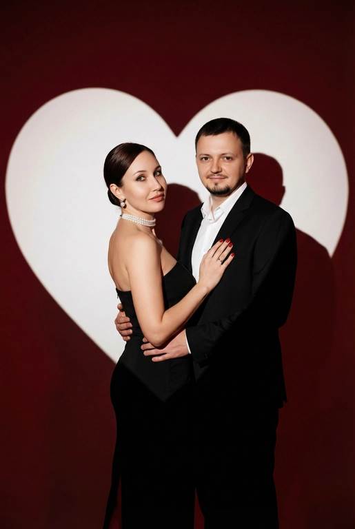 Фотореалистичный редакционный крупный портрет по пояс для пары по референсным фото. Мужчина и женщина позируют вместе, стоят близко. Мужчина одной рукой приобнимает женщину за талию. Фон: тёмно-красный студийный задник, большое белое сердце, проецируемое на стену. Сохранить внешность обоих: реальные черты лица, естественная текстура кожи, реальный цвет и длина волос, без ретуши и изменений. Женщина: облегающее чёрное вечернее платье без бретелей с небольшим разрезом, жемчужный чокер, жемчужные серьги, красный маникюр. Поза в три четверти, спина слегка выгнута, одна рука на поясе или касается руки мужчины. Лёгкая улыбка, взгляд в камеру. Мужчина: чёрный классический костюм, белая рубашка. Прямая осанка, уверенная поза. Взгляд в камеру, легкая улыбка. Свет: драматическое боковое студийное освещение, высокий контраст, чёткие тени на фоне. Композиция: вертикальный кадр по пояс, пара в центре, негативное пространство вокруг сердца. Стиль: фотореализм, модная редакционная съёмка, кинематографическая цветокоррекция (тёплые красные, глубокие чёрные), высокая детализация. Прическа: гладкий низкий пучок.