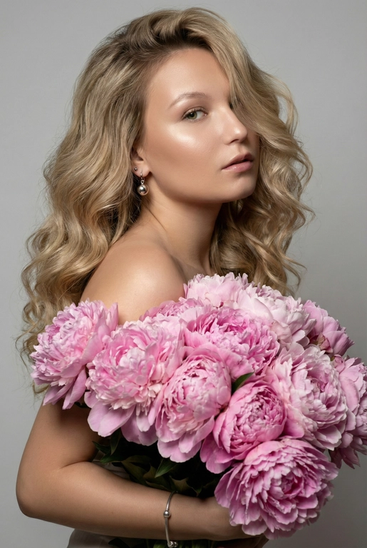 Создайте ультрареалистичный портрет, не меняя черты лица, крупным планом 3/4, с мягкой, освещённой кожей, атласной отделкой и естественным блеском, где женщина изображена в профиле. Спокойное и чувственное выражение лица, губы слегка полуоткрыты. Она носит серебряные серьги-шары и простой серебряный браслет на запястье.
Фон нейтральный, в светло-сером тоне, с тёмным, целенаправленным низким угловым освещением, которое подчёркивает контур лица, текстуру кожи и объём волос. Стиль редактирования — высокая мода, чёткий фокус 8K, реалистичная текстура, изысканная и элегантная атмосфера.


Длинные волнистые волосы покрывают часть лица объёмными локонами, выпадающими на лицо и плечо. 

Цветы: Держит в руках огромный букет розовых пионов