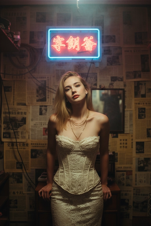 Используйте отправленную мной фотографию в качестве референса. Создайте фотореалистичный гонконгский ретро-портрет с аутентичным видом фильма 1990-х годов, как кадр из мрачного фильма. Строго сохраняйте индивидуальность (разрез глаз, губы, переносицу, линию подбородка, тон кожи). Вертикальный портрет, от середины бедра до головы (3/4 тела). Модель стоит, слегка наклонившись к камере, обе руки лежат на небольшом деревянном шкафу позади нее; плечи расслаблены. Подбородок слегка опущен, взгляд вверх, в камеру с меланхоличным, спокойным выражением. Сцена: тесная, захламленная гонконгская комната, стены от края до края оклеены пожелтевшими кантонскими газетами. Позади модели: туманная неоновая китайская вывеска (красный и голубой), светящаяся сквозь туман у потолка. Загроможденная мебель: компактный шкаф, разбросанные провода, виден край небольшого зеркала. Гардероб и стиль: платье в стиле корсета из кремового/слоновой кости кружева (со вкусом, неоткровенное), многослойные изящные золотые ожерелья, маленькие серьги-кольца или жемчужные серьги. Волосы взъерошены. Лицо должно быть точной копией моих настоящих черт лица, не меняйте лицо и сделайте фотографию высокого разрешения.