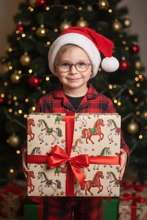 Используйте отправленную мной фотографию в качестве референса. Камера снимается немного выше уровня глаз, глядя прямо на модель, охватывая от середины груди и выше.  На изображении человек держит подарочную коробку  (размер 50х500х50 сантиметров) с крышкой, перевязанную красной лентой. На коробке нарисованные игрушечные лошадки. На фоне размытая рождественская или новогодняя елка. Лицо в три четверти (3/4), Модель в красной пижамной рубашке в клетку. Смотрит в камеру с легкой улыбкой, как будто предвкушая открыть свой подарок. 

Освещение выполнено по принципу софтбокса, но с более сильным, концентрированным основным светом для создания интенсивного свечения, сохраняя при этом мягкие тени, которые подчёркивают черты лица человека. 
Гиперреалистичная детализация, передающая каждый нюанс красоты, выражения лица и сложную текстуру волос, кожи и одежды. Атмосфера новогоднего праздника.  На голове у ребенка рождественский красный колпак с белым помпоном на конце, колпак надет почти на макушке, видны передние волосы  