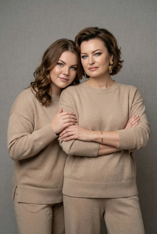 Используй эти два фото мамы и дочери и создай для них студийный портрет в чистом и элегантном стиле. Они стоят рядом, очень близко друг к другу. Дочь мягко обнимает маму за руку и слегка к ней прижимается со спины. Мама сложила руки перед грудью. Образ минималистичный, современный и стильный. На руке у матери тонкий золотой браслет. Профессиональный макияж и прическа.  Не менять черты лица ни на 1 процент. Фон — нейтральный серый с мягкой текстурой. Освещение рассеянное, мягкое, подчёркивающее естественные тона кожи. Атмосфера тёплая, нежная и спокойная, в стиле журнальной съёмки. Обе в свободных стильных бежевых свитерах и брюках.