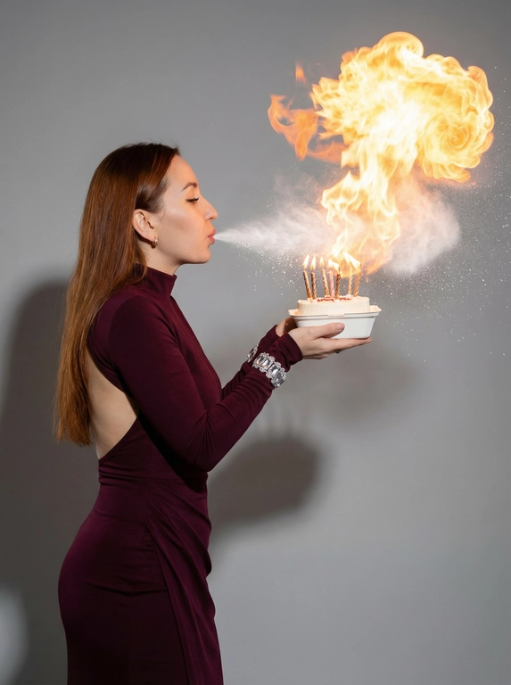 Ультрареалистичная фотография запечатлённого мгновения на день рождения. Лицевые черты, гендер, возрастная категория, мимика, укладка волос и телосложение воспроизводятся строго идентично прилагаемому референсу. Сюжет: человек запечатлён в профиль, в руках — миниатюрный белоснежный бенто-торт с горящими декоративными свечами. человек выдувает изо рта облако белой сахарной пудры в направлении пламени свечей, что провоцирует мгновенную мощную объёмную вспышку пламени (огненный шар). В воздухе над тортом — смешение огня с частицами белой пудры. Нейтральный серый студийный фон, резкая жёсткая тень. Качество 8k, эффект стоп-кадра.

Какой будет наряд?: Наряд: приталенное тёмно-бордовое платье с удлинёнными рукавами, высоким воротом-стойкой, обнажённой спиной и драпировкой в области бёдер. Украшения: крупные браслеты с кристаллами надеты поверх рукавов. 