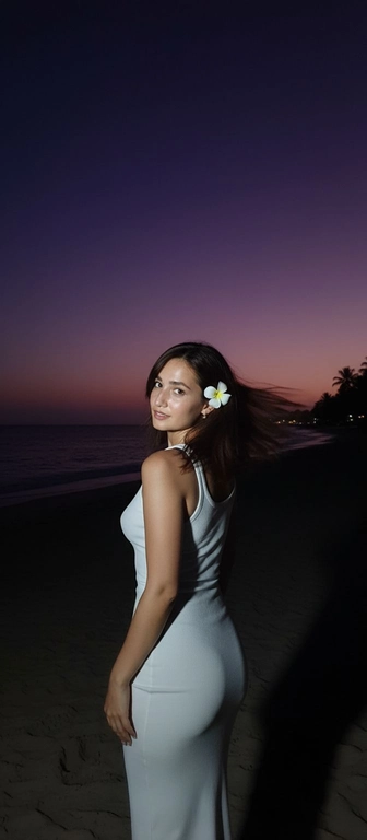 Сделай фото, будто я на пляже, где темно, но кто-то сфотографировал меня со вспышкой, и мое лицо немного блестит и светится, заднем плане закат, как будто солнце село на 98%, оставив фиолетовый оттенок, и само по себе почти темно. Фото сделано из-за моей спины, как будто  мне сказали, повернуться. Я в белом облегающем платье с цветком, заправленным в волосы. Волосы должны развеваться так, как будто дует слегка ветер.