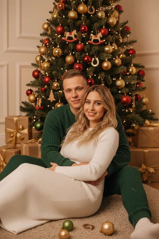 Используй предоставленные изображения и создай фото из домашней новогодней фотосессии. Не меняйте черты лица. . В кадре мужчина и женщина, они сидят на полу в обнимку, улыбаются и смотрят в камеру. Мужчина обнимает женщину сзади за талию. На женщине надето вязаное длинное платье с длинными рукавами. На мужчине вязаный свитера и штаны. На заднем плане стоит наряженная елка с игрушечными шарами, игрушечными лошадками, игрушечными подковами. Под елкой разложены подарочные коробки, перевязанные золотыми лентами. Рядом с парой лежат несколько елочных игрушек как на елке. Фотография выполнена в теплой цветовой гамме. Атмосфера уютная и праздничная. цвет платья девушки- белый, цвет свитера и штанов мужчины - зеленый
