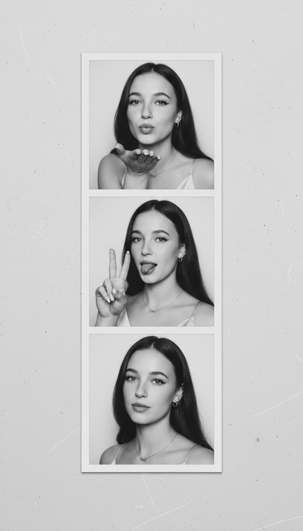  Используя мою фотографию в качестве референса для лица и волос, не изменяя исходные черты лица и сохраняя верность моим физическим характеристикам, создайте ленту из фотографий в ч/б с тремя вертикальными белыми рамками. Лента выглядит так, будто лежит на столе или фоне. Фотографии выглядят профессионально , как будто из настоящей фотобудки. 

В каждой рамке по центру расположены портрет и фотография погрудной проекции одного и того же человека. Взгляд прямо в камеру.

Общая эстетика винтажная, с лёгкой зернистостью и выцветшим качеством, напоминающая классическую аналоговую фотографию. Но при этом изображение выполнено в высоком разрешении. На светло-сером фоне видны едва заметные следы пыли и царапин. Лица человека на белом фоне. 
НЕ ИЗМЕНЯЙТЕ МОЁ ЛИЦО. На верхнем фото девушка посылает зрителю воздушный поцелуй, поднеся правую руку ко рту и слегка поджав губы. Выражение её лица игривое и дружелюбное.  На среднем фото девушка мило и игриво показывает знак мира, высунув язык. Брови слегка приподняты. На нижнем фото девушка позирует, отвернувшись к плечу, смотрит прямо в камеру с более спокойным и уверенным выражением лица. Губы мягко сжаты, взгляд прямой и чувственный. ОДЕЖДА: На ней маленькие серьги-кольца и изящное ожерелье с символом бесконечности поверх светлого атласного или шёлкового топа. На ней естественный макияж, включая глянцевый блеск для губ, лёгкую подводку для глаз и кукольные нарощенные ресницы, без излишеств. У неё квадратный французский маникюр. 