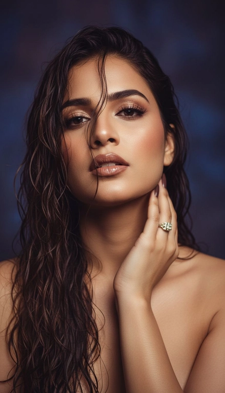 Создайте портрет женщины с длинными, волнистыми, влажными волосами, свободно ниспадающими на плечи, некоторые пряди прилипают к лицу. Она чувственно смотрит в камеру, слегка откинув голову назад, словно наслаждаясь мгновением покоя или чувственности. Её рука нежно лежит на шее, на пальце – эффектное сверкающее кольцо. Плечи опущены. Тёмный, почти однотонный и размытый фон подчёркивает силуэт и лицо женщины. Весь образ мастерски передан с помощью размытия в движении и световых бликов, которые создают ощущение естественного, сказочного движения головы и руки. Мягкие, тёплые тона, лёгкое свечение кожи и губ создают интимную, чувственную и таинственную атмосферу. Эффекты: размытие в движении, художественная длительная выдержка, тёплые тона, атмосфера сновидения. Макияж выразительный: длинные чёрные ресницы, бежевые тени с лёгким мерцанием, выразительные контуры и румяна, безупречная кожа и пухлые губы с нюдовым блеском и тёмно-коричневым карандашом для губ. Ухоженные брови с эффектом Bravenlifting. Длинные, заостренные ногти. Реалистичное фото, как будто снято на профессиональную камеру. Сохраните черты лица такими, какие они есть.