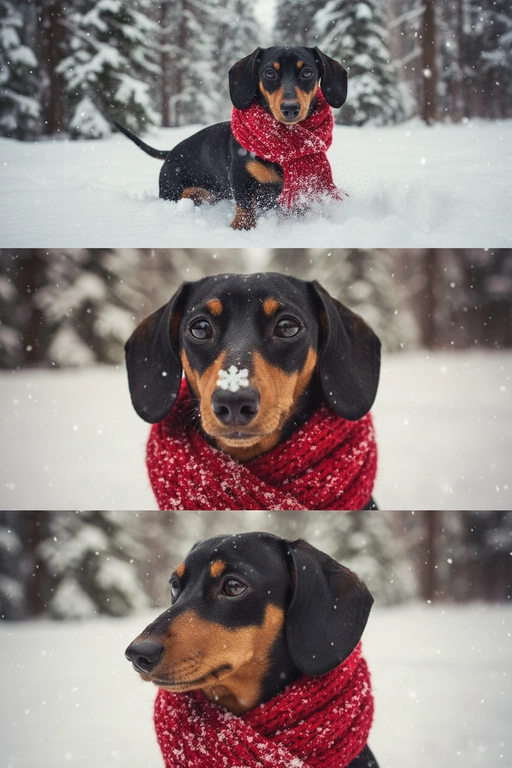     Коллаж из 3-Х фото моего питомца на зимнем фоне в снегу. Питомец в вязаном шарфе, вокруг падает снег, на заднем плане заснеженный лес.

Первый кадр — питомец в полный рост. Он играется со снегом 

Второй кадр — крупный план, увеличенный кадр мордочки питомца с одной снежинкой на носике. Мордочка питомца занимает весь кадр, взгляд прямо в камеру 
 
Третий кадр - портрет питомца, он смотрит в левую сторону. На фото виден шарф, на шарфу есть снежинки 

Три кадра объединены в вертикальный коллаж в едином тоне и свете. Атмосфера — реалистичная, теплая и немного кинематографичная.
Свет мягкий, утренний.  Цвет шарфа - красный 